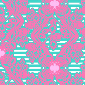 floral damask aqua pink