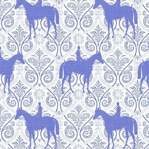 Blue and White horses on trellis