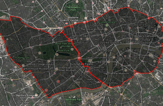 Map showing geofence around London