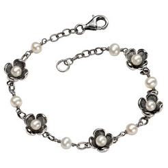 image of Silver Flowers & Pearl Bracelet