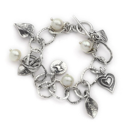 image of Aviv Silver Leaf Heart and Bird Disc Bracelet with Pearls