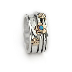 image of Aviv Silver Wide Edged Spinning Ring with 9ct Flowers and Synthetic Opal