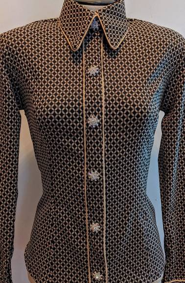 Black and Taupe Diamond Pattern Hidden Zip Front Fitted Shirt