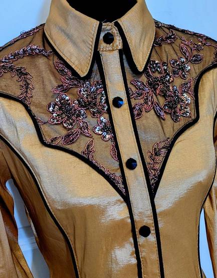 Gold Taffeta Hidden Zip with Lace Yoke and Piping