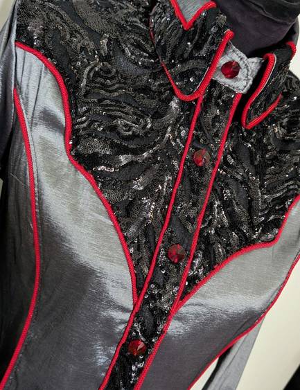 Dark Silver Taffeta with Black Lace Yoke and Piping