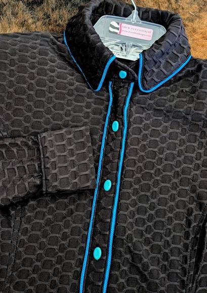 Black Textured Lycra with Turquoise Piping