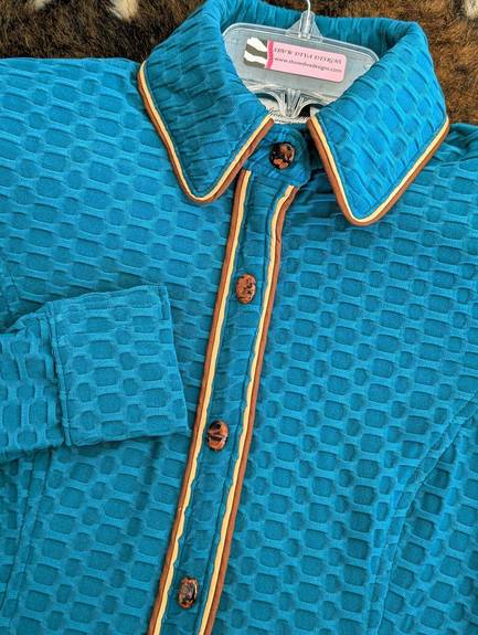 Teal Textured Lycra with Brown and Tan Piping