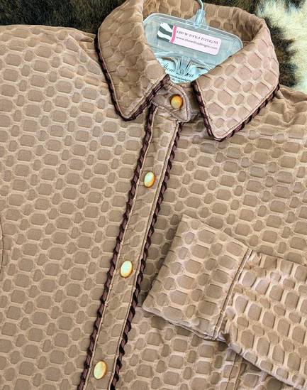 Taupe Textured Lycra with Brown Piping