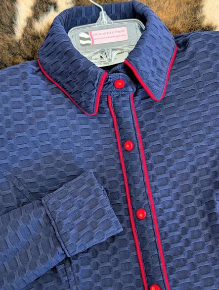 Navy Blue Textured Lycra with Red Piping