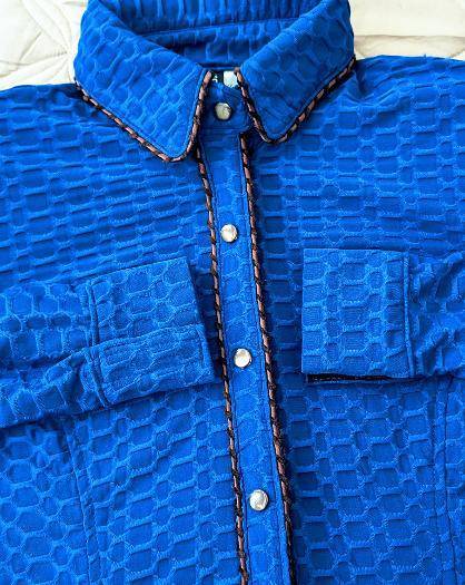 Royal Blue Textured Lycra Hidden Zip Front with Brown Piping