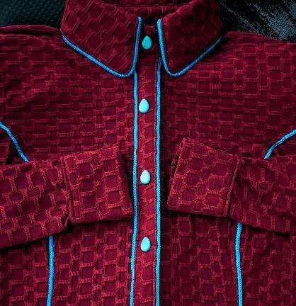 Dark Burgandy Textured Lycra Turquoise Piping