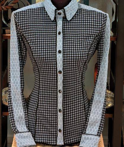 Denim Blue and Black Houndstooth Lycra Black Piping