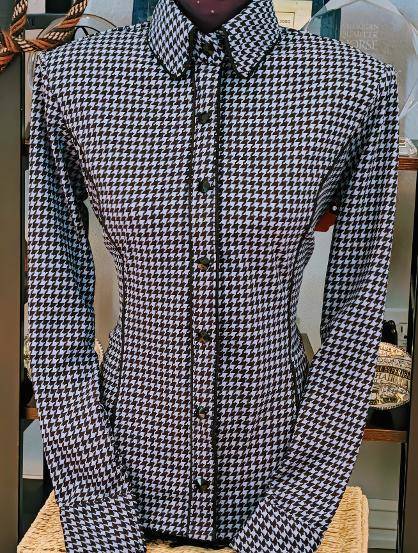 Denim Blue and Black Houndstooth Lycra Black Piping