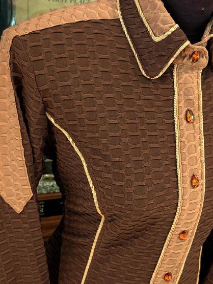 Dark Brown Textured Lycra with Tan Trim and Piping
