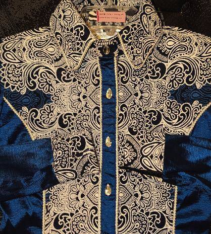 Blue Paisley Print and Navy Taffeta with Piping