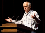 U.S. Rep. Ron Paul, campaigning for the GOP presidential nomination, speaks at a town hall event at Texas A&M University on April 10, 2012.