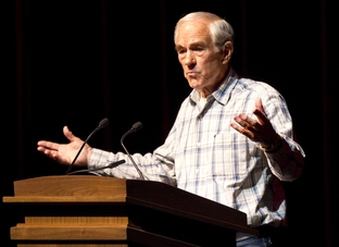 U.S. Rep. Ron Paul, campaigning for the GOP presidential nomination, speaks at a town hall event at Texas A&M University on April 10, 2012.