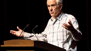 U.S. Rep. Ron Paul, campaigning for the GOP presidential nomination, speaks at a town hall event at Texas A&M University on April 10, 2012.