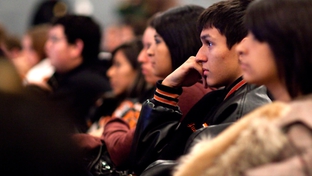 Students at McCamey High School watch a graphic U.S. Border Patrol presentation designed to discourage them from getting involved with narcotrafficking. 