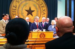 University of Texas at Brownsville President Juliet Garcia and University of Texas-Pan American President Robert Nelsen look on as University of Texas System Chancellor Francisco Cigarroa and lawmakers discuss the creation of a new university in the Rio Grande Valley.