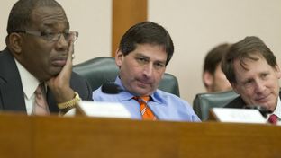 Senators (l to r) Royce West, D-Dallas, Kevin Eltife, R-Tyler and Robert Duncan, R-Lubbock, listen to testimony from CPRIT officials in Senate Finance on Feb. 5, 2013.