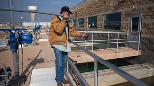 A plant employee, Charles Cupp, takes water samples at the Cypress Water Treatment Plant in Wichita Falls, on Friday, January 25, 2013.  This plant is responsible for the membrane reverse osmosis process being used on the city's water supply.  The city estimates that it's total water reserves are hovering around the 40 percent mark as of this year forcing it to begin implementing it's stage 3 emergency water restrictions and furthering steps toward increasing its water reclamation initiative.