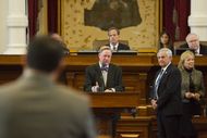 Rep. Jim Pitts R-Waxahachie, chair of the House Committee on Appropriations, listens to Rep. Trey Martinez-Fischer D-San Antonio on February 11th, 2013