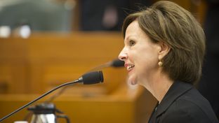 Educator Barbara Cargill answers a question from Sen Kirk Watson, D-Austin, at the Senate Nominations Committee meeting Feb. 11, 2013.