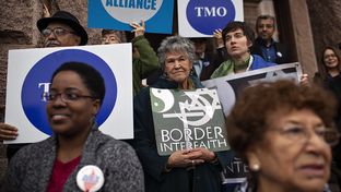 Interfaith groups from across Texas and Democratic state legislators rally in support of Medicaid expansion during a press conference held outside of the Capitol in Austin, Texas.