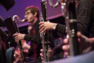 Students of "Wind Ensemble 1," rehearse in the auditorium of Bowie High School in Austin, Texas.