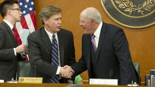 State Rep. Dan Branch, R-Dallas,l, and State Sen. Kel Seliger, R-Amarillo, shake hands upon convening the Joint Committee on Higher Education Oversight on March 19, 2013.