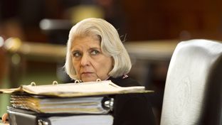 Sen. Judith Zaffirini D-Laredo, peeks over stack of binders at her desk during discussion of budget bill SB1 on March 20th, 2013