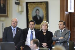 Senators Juan "Chuy" Hinojosa, D-Edinburg, l, Glenn Hegar, R-Katy,  Jane Nelson, R-Flower Mound and Carlos Uresti, D-San Antonio listen to SB 1 budget debate wrap-up on March 20, 2013.