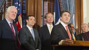 U.S. Sen. John Cornyn, l, U.S. Sen. Ted Cruz, Lt. Gov. David Dewhurst and Gov. Rick Perry at a Capitol press conference on Medicaid on April 1, 2013.