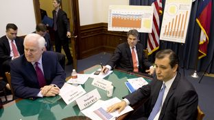 U.S. Sen John Cornyn, Gov. Rick Perry and U.S. Sen. Ted Cruz discussing Medicaid at the Capitol in April 1, 2013.