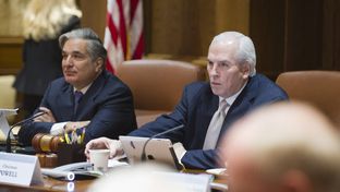 UT Board of Regents Chairman Gene Powell, r, convenes the meeting with Chancellor Dr. Francisco Cigarroa on April 11, 2013.