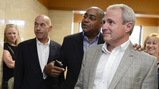 Senators John Whitmire, D-Houston, l, and Rodney Ellis, D-Houston, congratulate Michael Morton, r, at the court hearing in Georgetown on April 19, 2013.