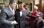 Gov. Perry along with his father Ray Perry and Sen. Eddie Lucio D-Brownsville on Senate floor where WW2 veterans were honored during a ceremony commemorating VE Day.