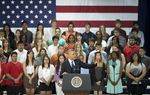 Manor New Tech High students listen to President Barack Obama's speech on education initiatives on May 9, 2013.