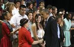 President Barack Obama greets Manor New Tech students after his remarks at the technology high school on May 9, 2013.