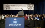 The crowd awaits the arrival of President Barack Obama at Manor New Tech High School on May 9, 2013.