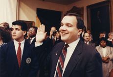 State Rep. John Carona holds up his right hand during his first swearing-in ceremony for the 72nd Legislature on January 8, 1991.