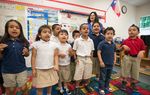 Students in Pre-K teacher Josefina Pineda's class sing to practice their language skills at the Dallas Independent School District Cesar Chavez Learning Center in Dallas, Texas.