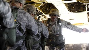 Texas National Guardsmen from C Co, 3-124th CAV go through jump drills.