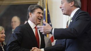 Gov. Rick Perry, left, and Lt. Gov. David Dewhurst at Perry's State of the State address on Jan. 29, 2013.