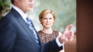 Texas State Representative Sarah Davis listens to speaker of the house Joe Straus introducer her at a fundraiser in a private home in Houston Wednesday, October 3, 2012.
