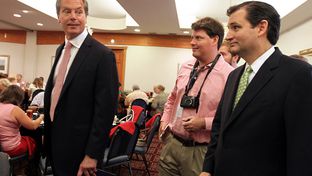 Lt. Gov. David Dewhurst and Ted Cruz, who are competing in a run-off for U.S. Senate, speak to reporters before talking at the Republican Women of Kerr County luncheon at Inn of the Hills in Kerrville, June 15, 2012.