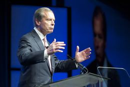 U.S. Senate candidate David Dewhurst gestures during a final day speech to delegates June 9, 2012 at the Republican Convention