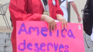 Veronica Cervantes, an Austin Community College student, participates in a rally on the University of Texas at Austin campus to support the Dream Act.