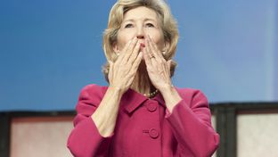 U.S. Sen. Kay Bailey Hutchison kisses goodbye to the Texas Republican Convention on June 8, 2012.